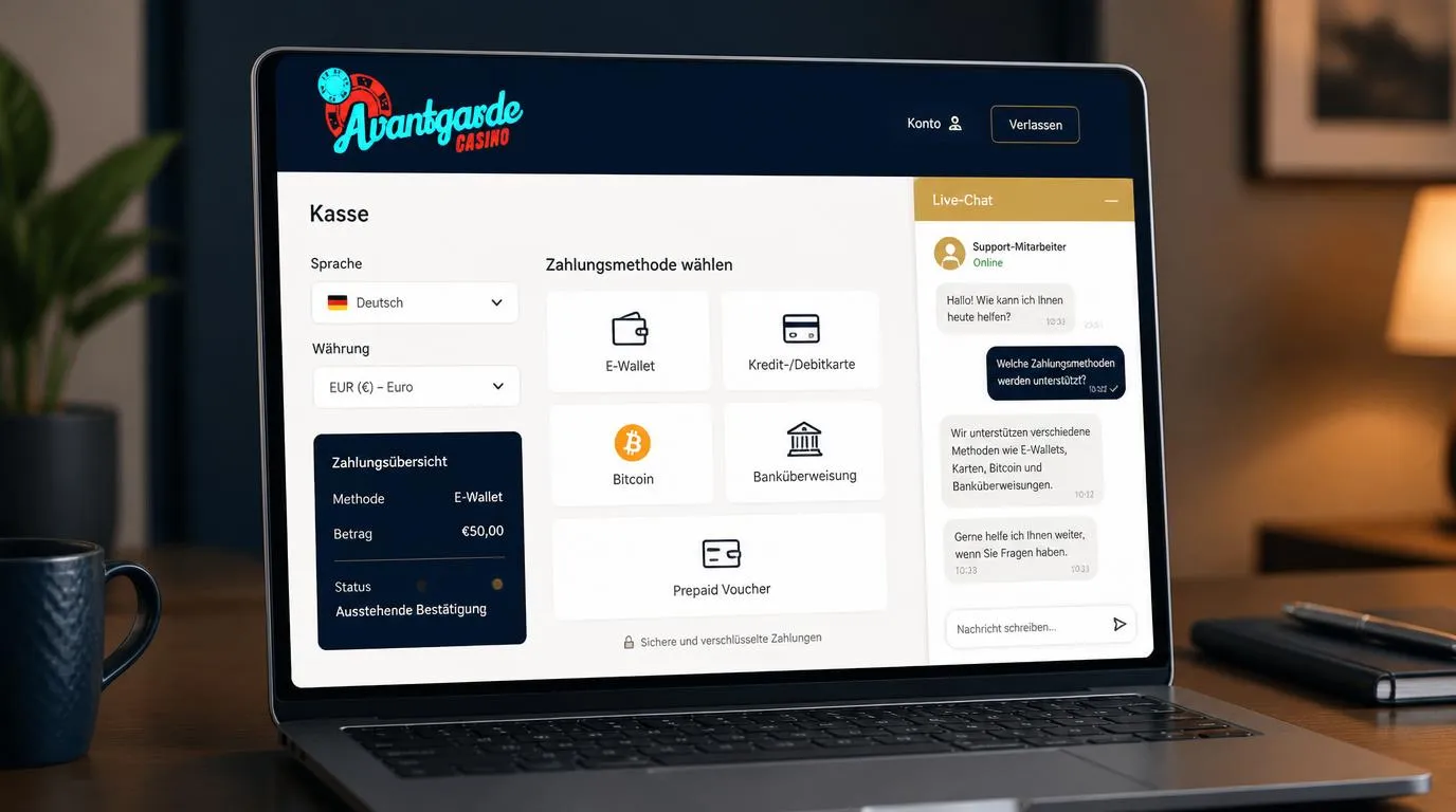 Kassenbereich mit Euro-Auswahl, Zahlungsarten und geöffnetem Live-Chat