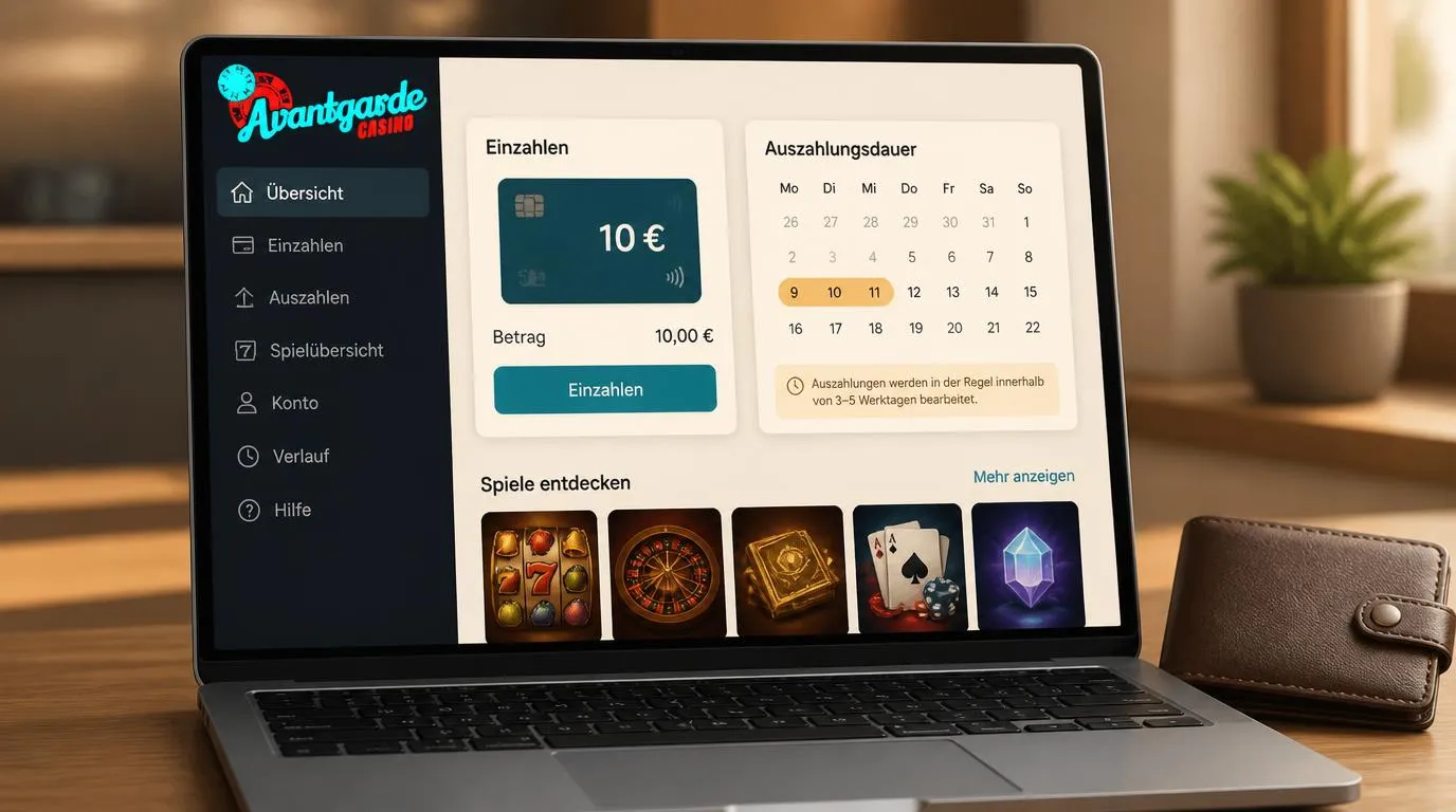 Casino-Oberfläche mit 10-€-Einzahlung, Auszahlungskalender und Spielkacheln